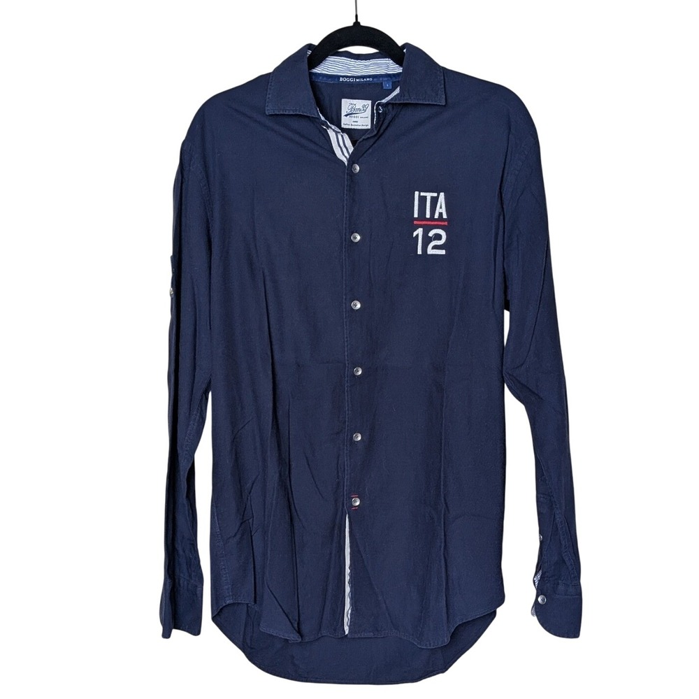 Boggi Milano‎ Men's Shirt L Navy Blue Long Sleeve Embroidered Patches Italy